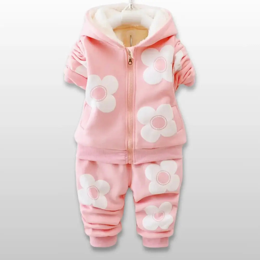 Blossom Dream floral hoodie and jogger set in pink with cozy fleece lining and flower appliqués for toddlers aged 12M-4T.