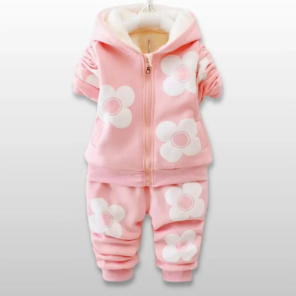 Blossom Dream floral hoodie and jogger set in pink with cozy fleece lining and flower appliqués for toddlers aged 12M-4T.