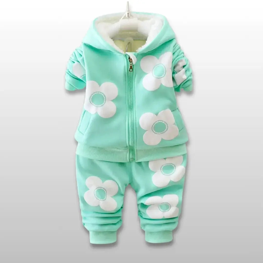 Cozy mint green floral hoodie and jogger set for toddlers with playful flower appliqués, perfect for comfort and style.