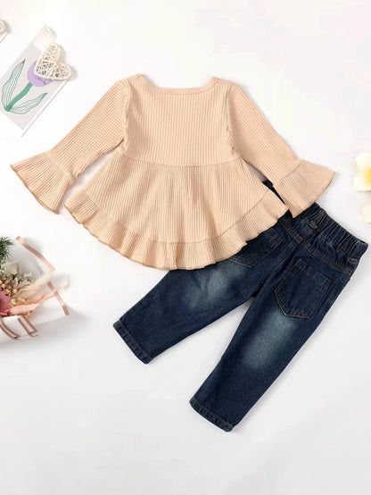 Boho chic beige bell sleeve top with ruffled hem and distressed denim jeans set for toddlers (6M-4Y).