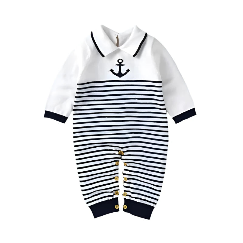 Nautical striped cotton romper for baby boys with anchor design, long sleeves, and turn-down collar for autumn fashion.