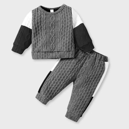 Boys' casual fashion set in grey, white, and black with long sleeves, knitted cotton, and colorblock design. Cozy and stylish.