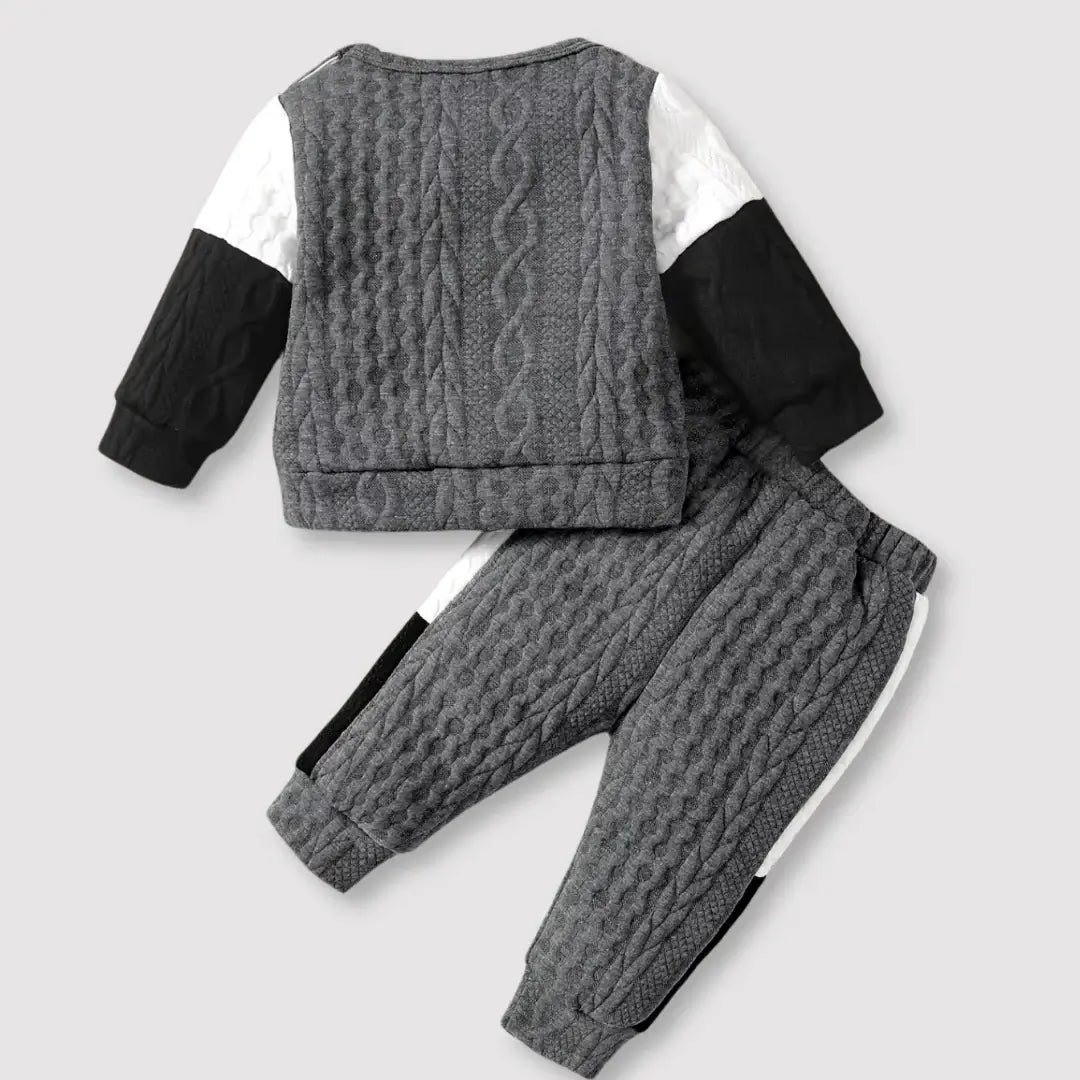 Boys' casual fashion set with long sleeves, knit cotton, colorblock design in grey, white, black, perfect for stylish comfort.