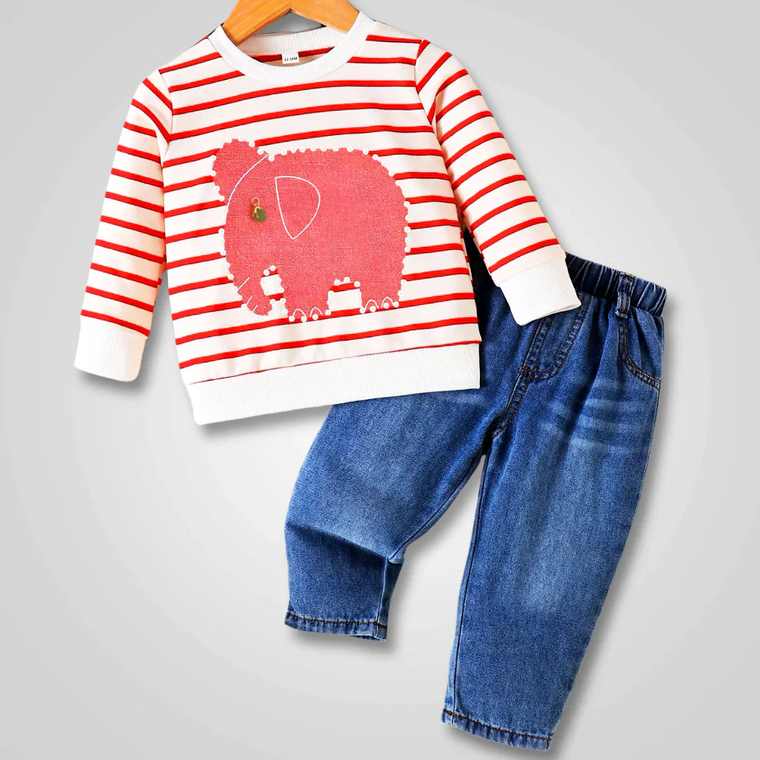 Brooklyn Baby Elephant Stripe & Jeans Ensemble for infants aged 3-24 months.