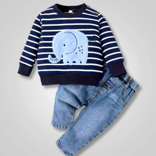 Elephant striped sweater and jeans for babies, Brooklyn Baby ensemble.