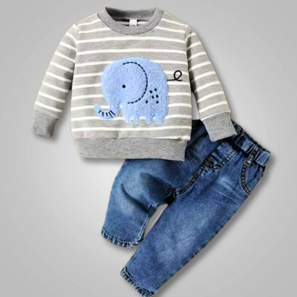 Brooklyn Baby Elephant Stripe & Jeans Ensemble for infants, stylish and comfortable baby outfit.