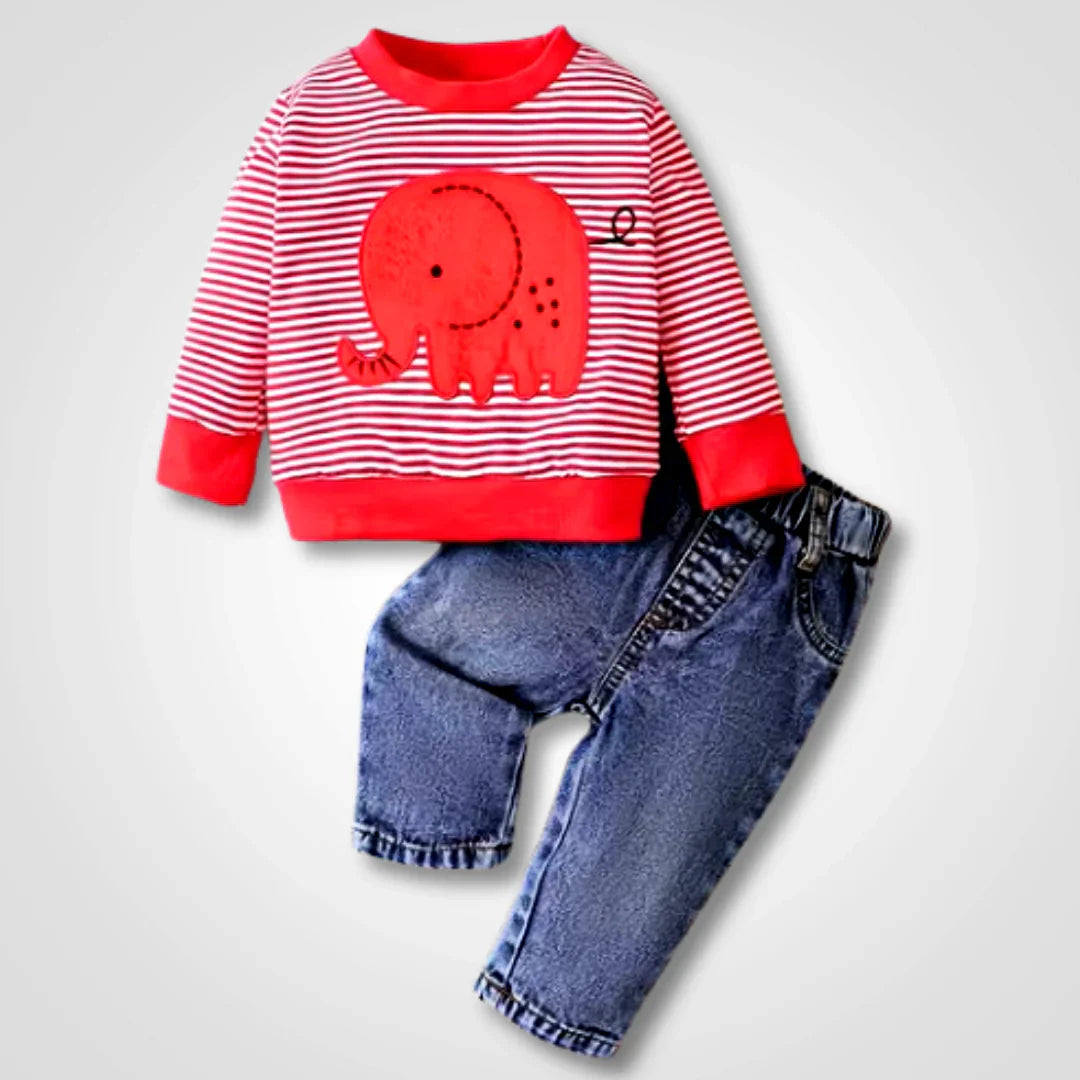 Brooklyn Baby: Elephant Stripe & Jeans Ensemble for toddlers aged 3-24 months.