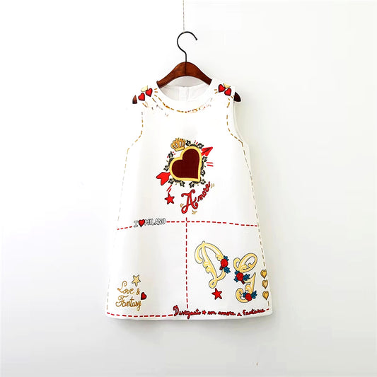 Chic embroidered storybook dress in black and white with whimsical designs for girls (2T-8Y), featuring a relaxed A-line fit and intricate motifs.