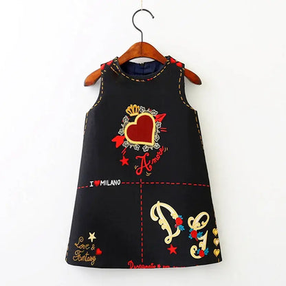 Chic embroidered storybook dress in black and white edition with intricate details, for ages 2T-8Y.