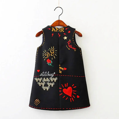 Chic embroidered storybook dress in black & white for kids with playful patterns and intricate details.