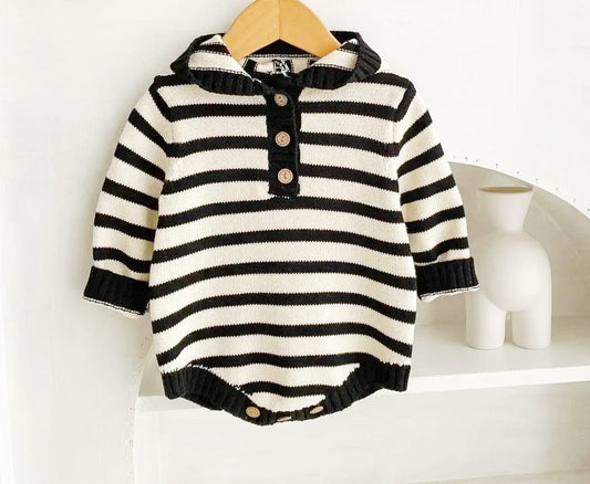 Chic Stripes Hooded Long Sleeve Romper for babies (3M-3T) with classic striped pattern.