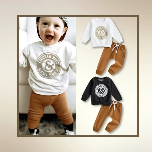 Baby wearing Chicken Nuggs & Mama Hugs sweatshirt and pants set, featuring playful design for toddlers.