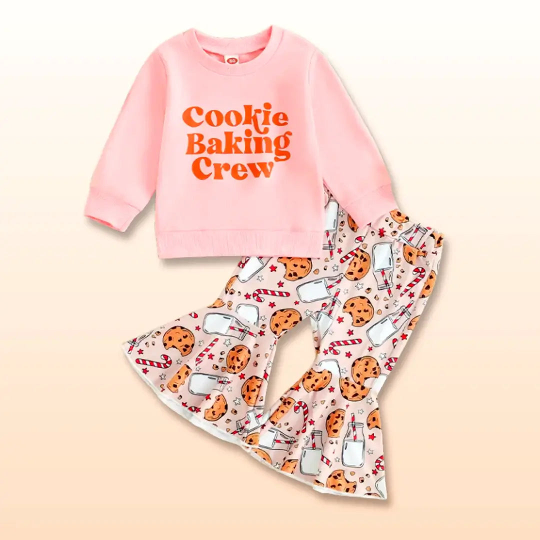 Pink Cookie Baking Crew sweatshirt and cookie-print bell-bottom pants set for kids, perfect for baking or playtime fun.