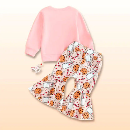 Pink cookie baking crew sweatshirt and ruffle pants set for toddlers, featuring fun cookie and milk prints, perfect for holiday fun!