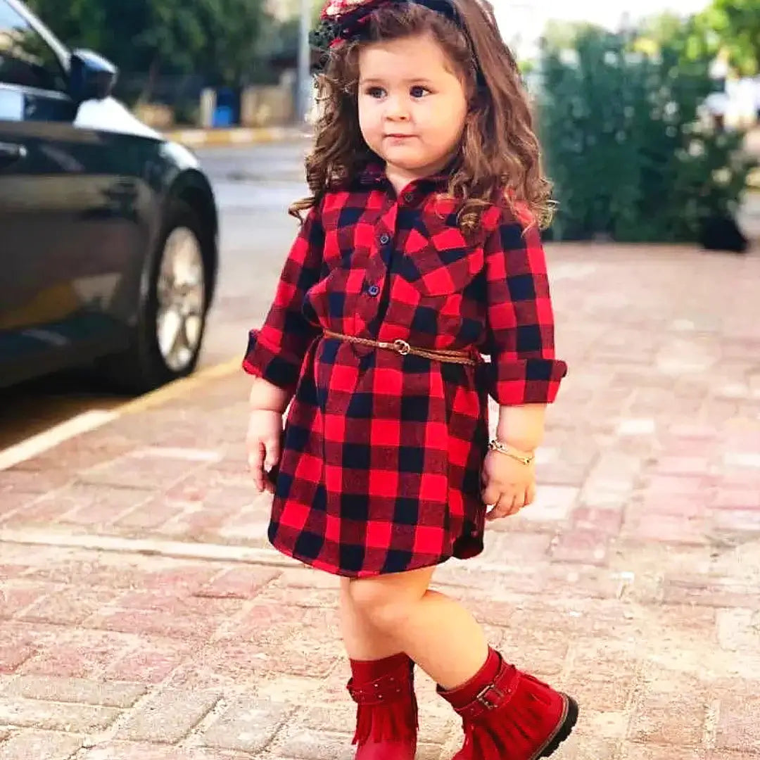 Adorable little girl in Cozy Plaid Princess Buffalo Check Shirt Dress with Belt, perfect for fall outings and holiday fun.