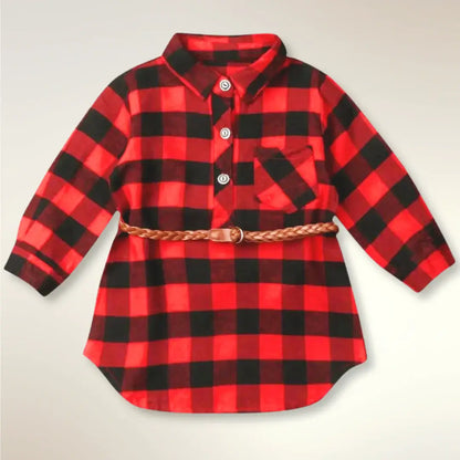 Cozy Plaid Princess buffalo check shirt dress with belt in red and black, perfect for kids' fall fashion and holiday gatherings.