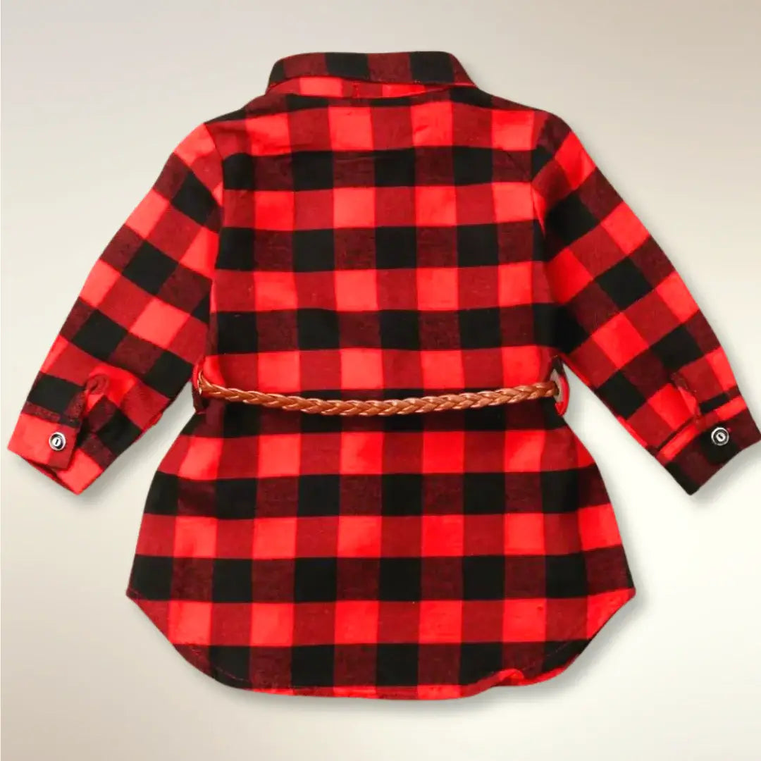 Cozy Plaid Princess Buffalo Check Shirt Dress with Belt for Kids, Red and Black, Perfect for Fall Outings and Holiday Gatherings.