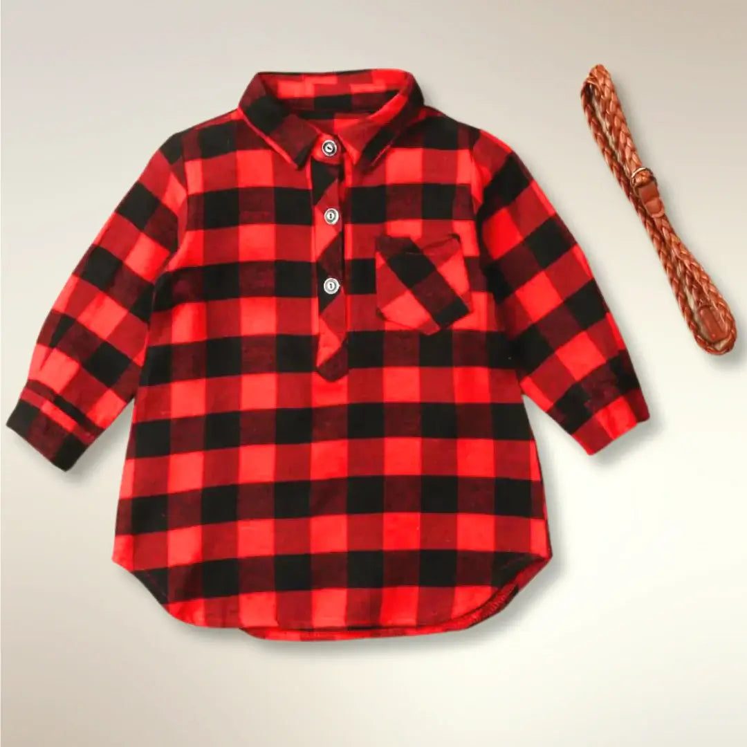 Red and black buffalo check shirt dress with matching belt for toddlers, perfect for fall and holiday outings.