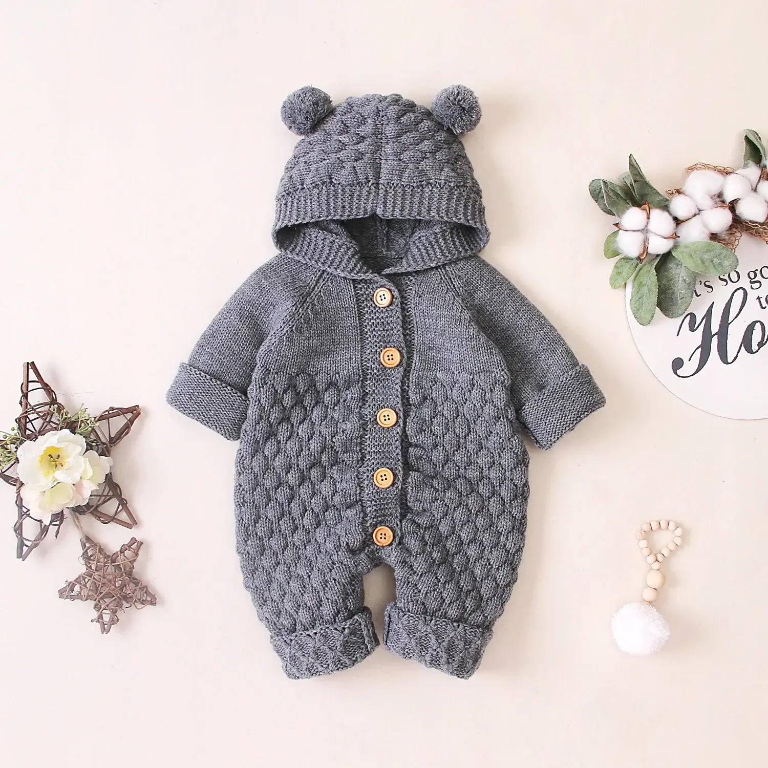 Grey Cuddle Bear Knit Romper with hood and ears for babies 0-18M, featuring a cozy, button-up design ideal for cold weather.