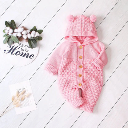 Pink Cuddle Bear Knit Romper with Hood and Bear Ears for Babies 0-18M on White Background