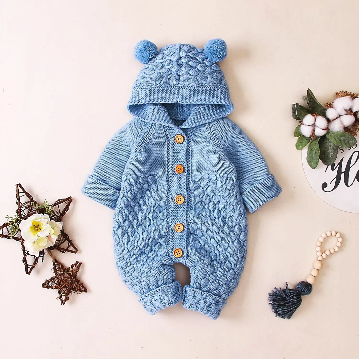 Blue Cuddle Bear Knit Romper with Bear Ears and Buttons for Babies 0-18M