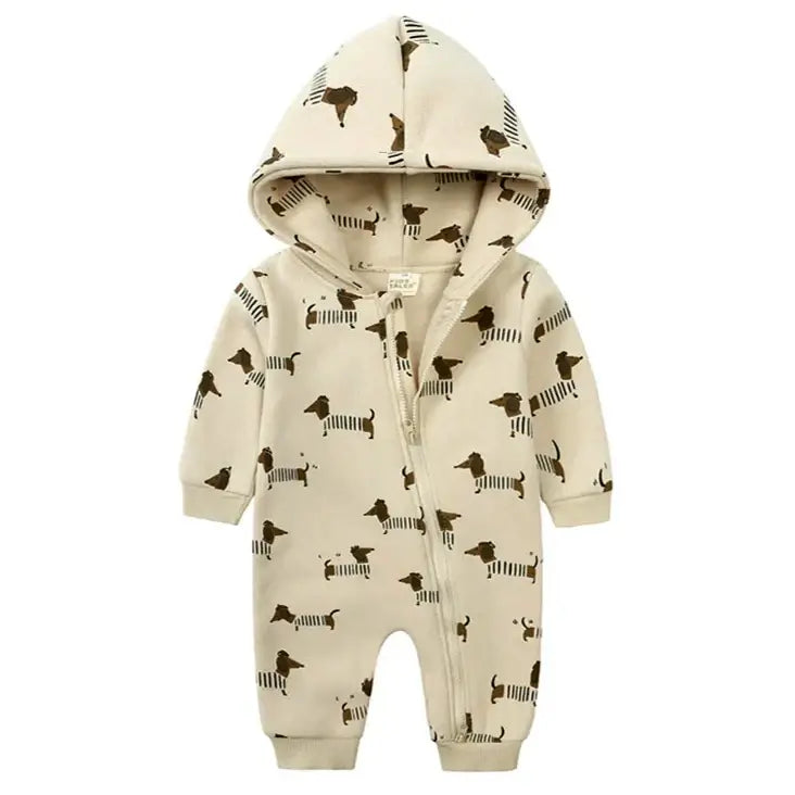 Dachshund long sleeve hooded romper for infants (3-24M) with playful dog design in beige and brown. Perfect for cozy cuddles!