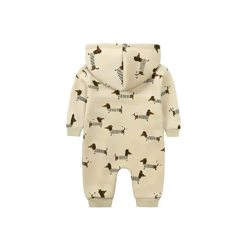 Back view of a cozy Dachshund Long Sleeve Hooded Romper for babies, featuring playful dachshund patterns, perfect for cuddles.