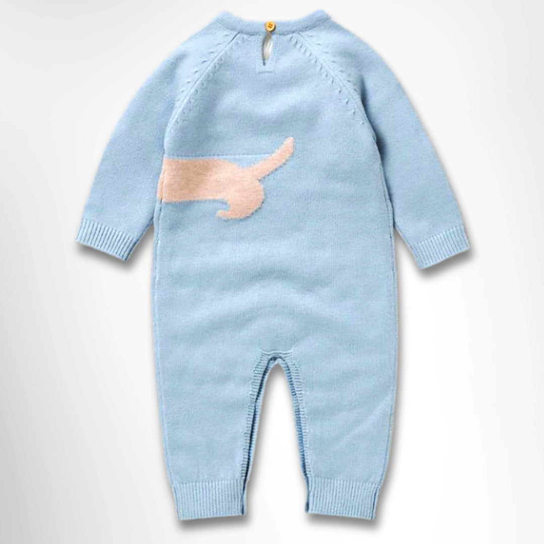 Blue knit romper for babies with cute dachshund design, perfect for keeping little ones cozy and stylish in winter.