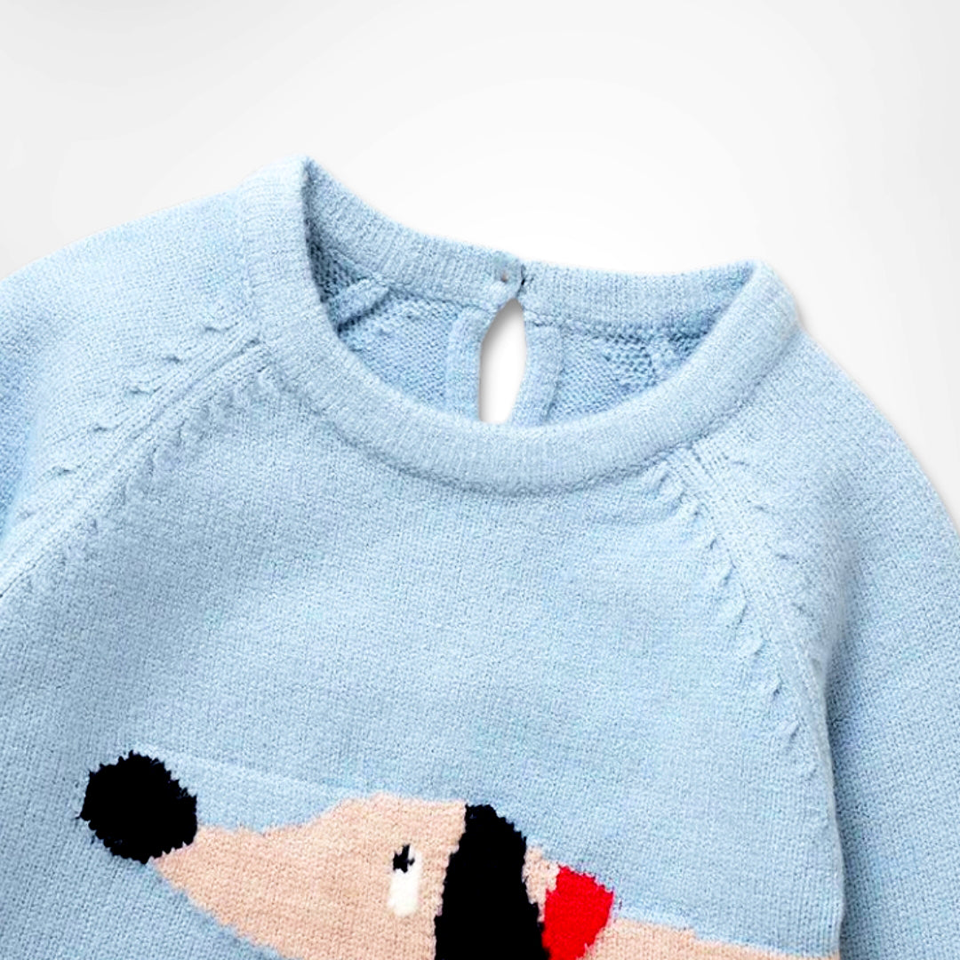 Dapper Dachshund Knit Romper in blue with adorable dachshund design, perfect for keeping babies cozy and stylish in winter.