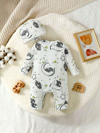 Newborn Elephant Dreams Romper! 2pcs Long Sleeve + Hat (0-6M)