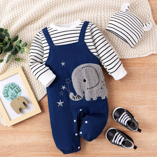 Warm & playful Elephant Dreams Romper Set for baby boys, featuring cute elephant embroidery, stripe patchwork, hat, romper & matching shoes