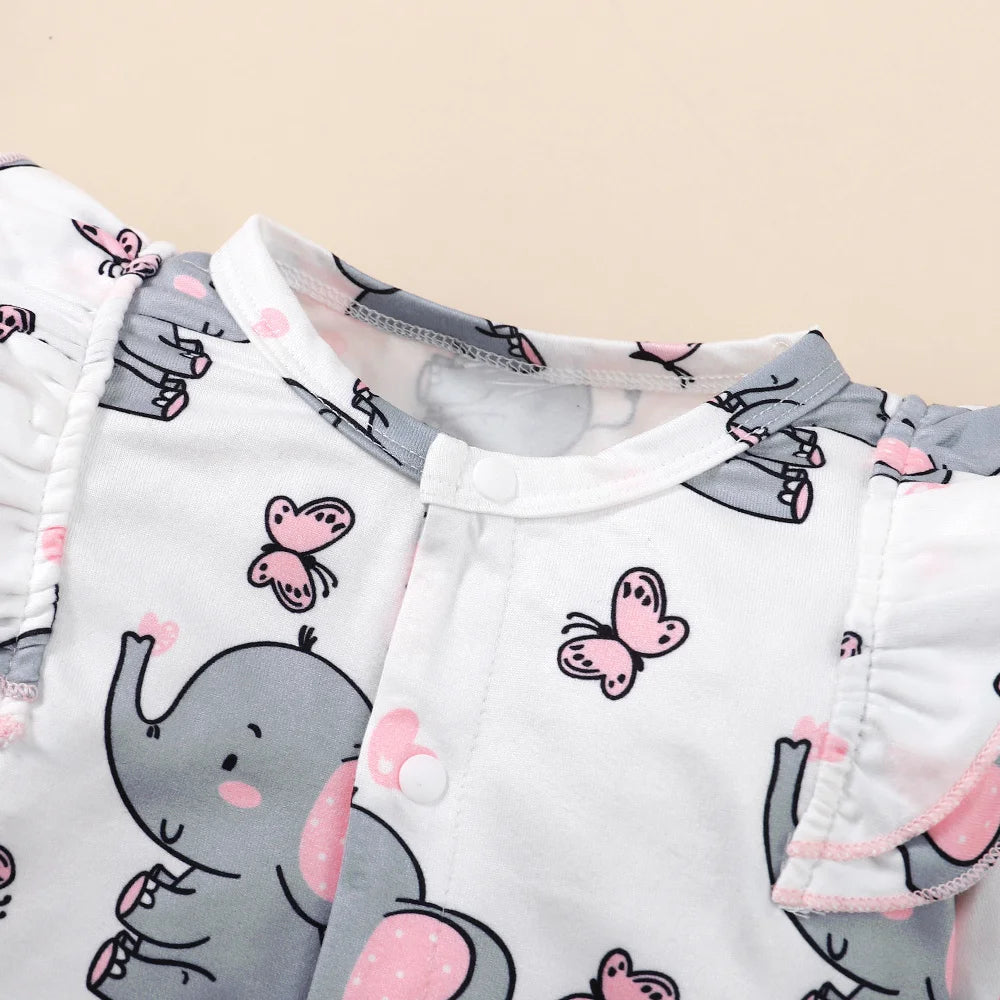 Adorable Elephant Print Elephant Dreams Romper for babies 0-18M with cute elephant and butterfly print, perfect for newborns and toddlers.