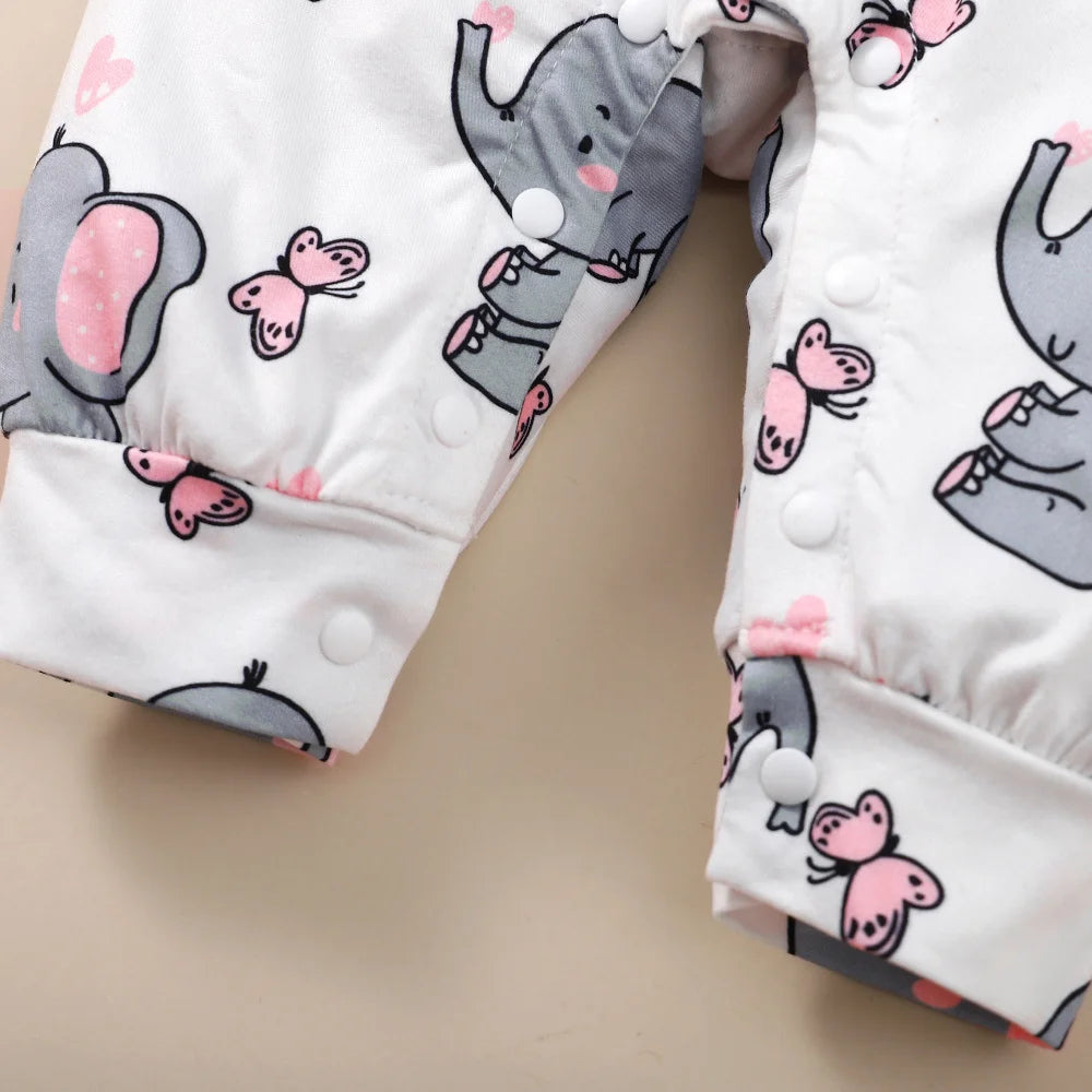 Adorable Elephant Print Elephant Dreams Romper with pink butterflies and cute elephants for babies 0-18 months, cozy and stylish long sleeve jumpsuit.