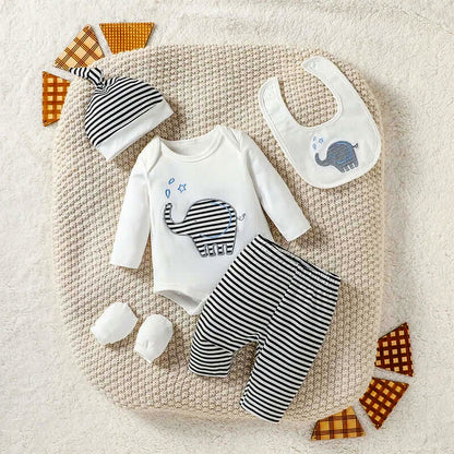 Stylish baby pantsuit set with elephant onesie, hat, gloves, bib, and striped pants for 0-6 months.