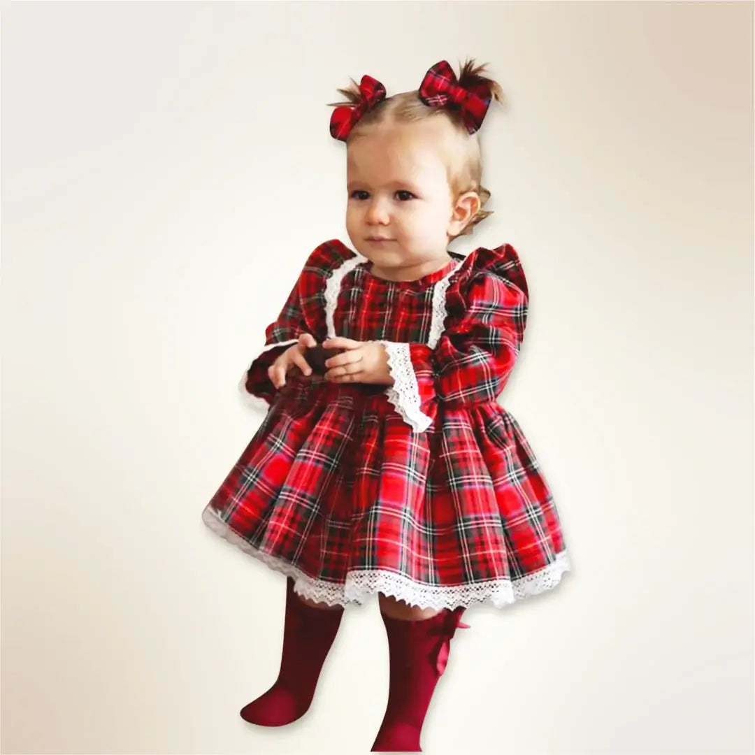 🎄✨ Enchanting Christmas Princess 👑 Cute Red Plaid Ruffles & Lace Detailing (6M-4T)