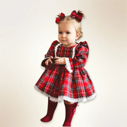 🎄✨ Enchanting Christmas Princess 👑 Cute Red Plaid Ruffles & Lace Detailing (6M-4T)