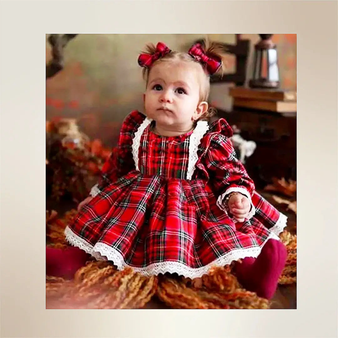 🎄✨ Enchanting Christmas Princess 👑 Cute Red Plaid Ruffles & Lace Detailing (6M-4T)