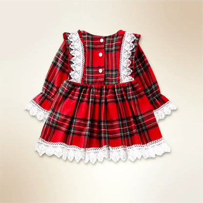 🎄✨ Enchanting Christmas Princess 👑 Cute Red Plaid Ruffles & Lace Detailing (6M-4T)