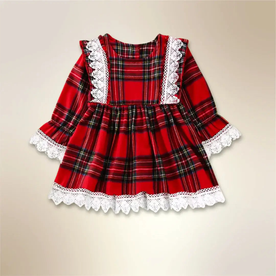 🎄✨ Enchanting Christmas Princess 👑 Cute Red Plaid Ruffles & Lace Detailing (6M-4T)