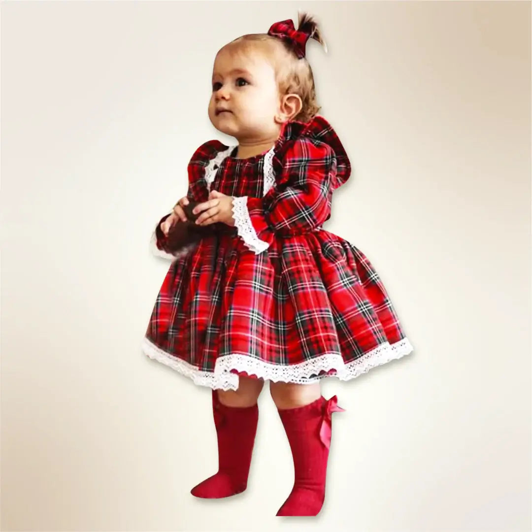 🎄✨ Enchanting Christmas Princess 👑 Cute Red Plaid Ruffles & Lace Detailing (6M-4T)