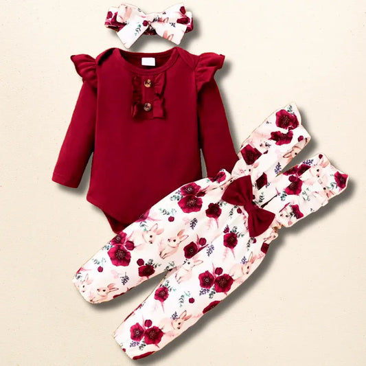 Fall Floral Long Sleeve Romper Set with Floral Overall Pants and Headband for Baby Girls (0-24M) in Burgundy and White Floral Pattern