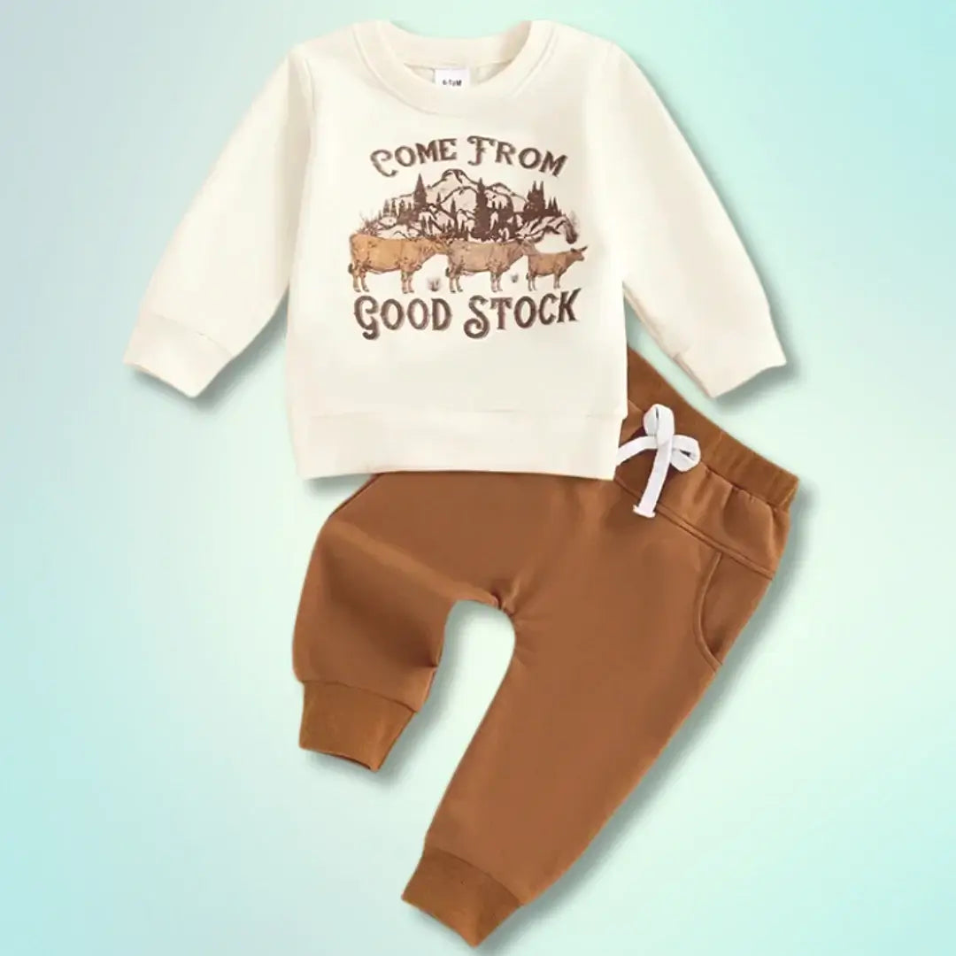 Farm Fresh Baby Cozy "Good Stock" Outfit with cream sweatshirt and brown jogger pants for fall adventures, size 12M-4T.