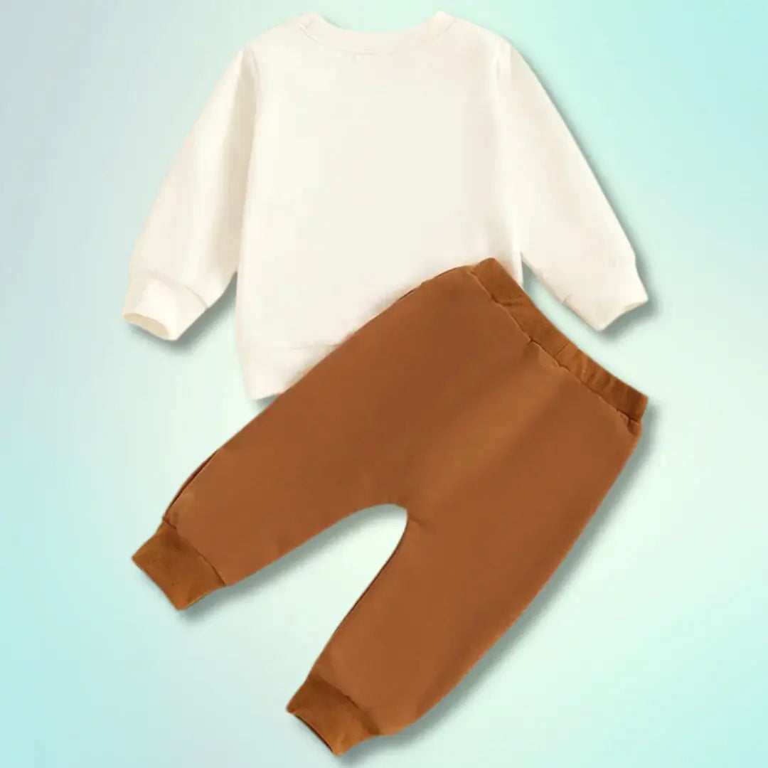 Farm Fresh Baby Cozy Good Stock Outfit, cream sweatshirt and brown jogger pants for kids, perfect for fall adventures.