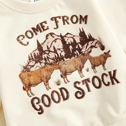 Farm Fresh Baby cow-themed cozy sweatshirt with "Come From Good Stock" print, perfect for infants, featuring a rustic design.