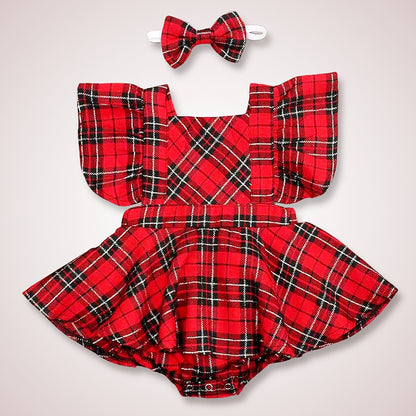 Festive Plaid Flutter Sleeve Tutu Romper + Bow (0-24M)