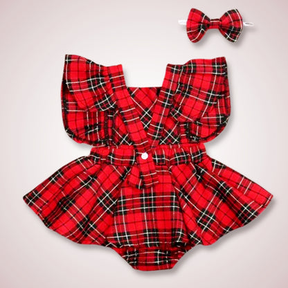 Festive Plaid Flutter Sleeve Tutu Romper + Bow (0-24M)