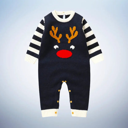 Festive Reindeer Knit Baby Romper – Cozy Holiday One-Piece (0-18M)