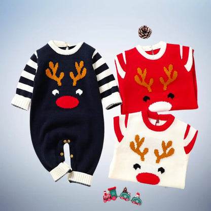 Festive Reindeer Knit Baby Romper – Cozy Holiday One-Piece (0-18M)