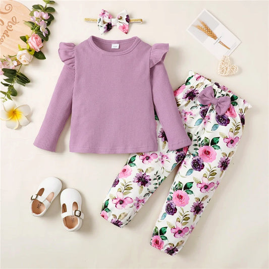 Flirty Florals 🌸 Long Sleeve Ribbed Shirt + Floral Pants and Headband