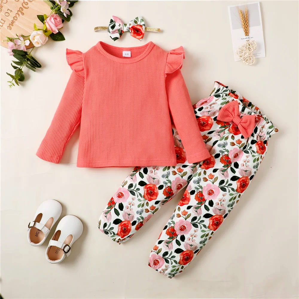 Flirty Florals 🌸 Long Sleeve Ribbed Shirt + Floral Pants and Headband